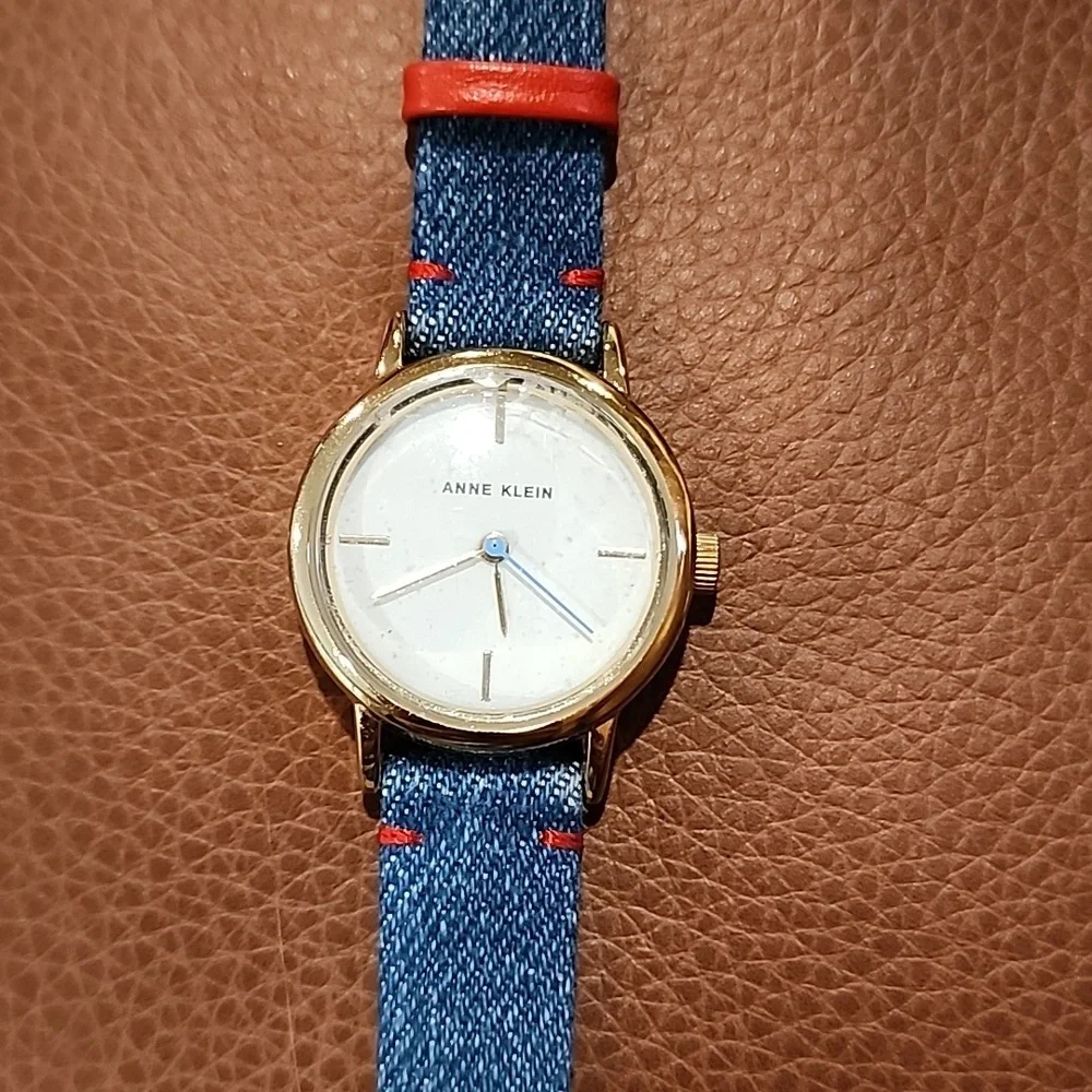 Anne Klein Gold Watch with Denim Blue And Red Strap Ladies Watch